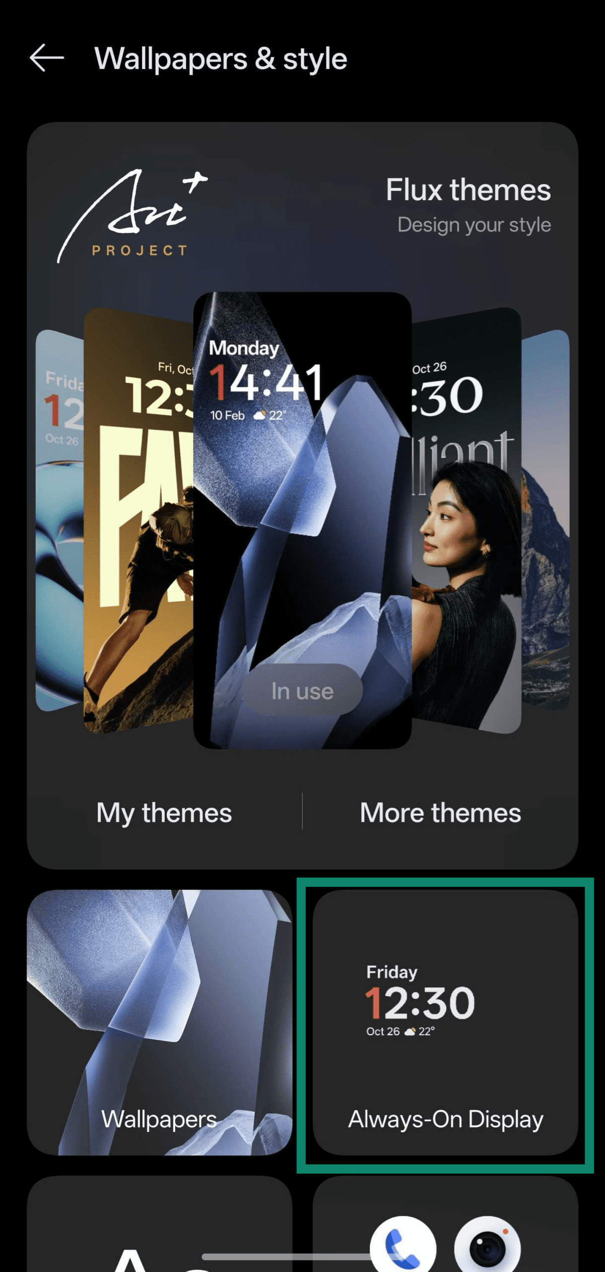 Screenshot showing how to access the Always-On Display menu from OnePlus' Wallpapers & style menu