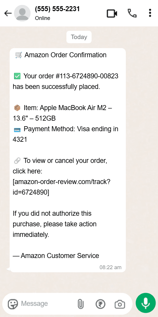 A fake Amazon order confirmation scam. The message creates panic over a fraudulent purchase to trick the user into clicking a malicious link to 'cancel' the order.