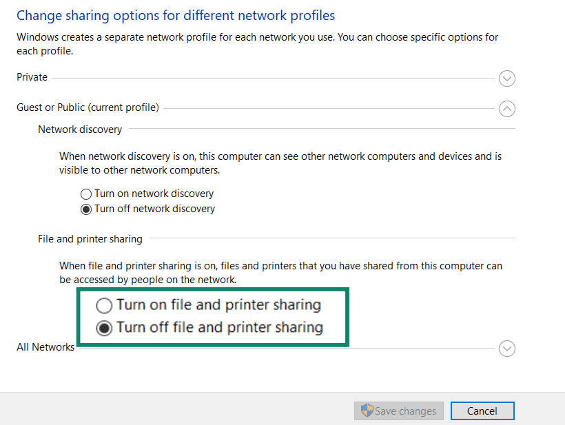 Screen showing how to turn off file and printer sharing in Windows.