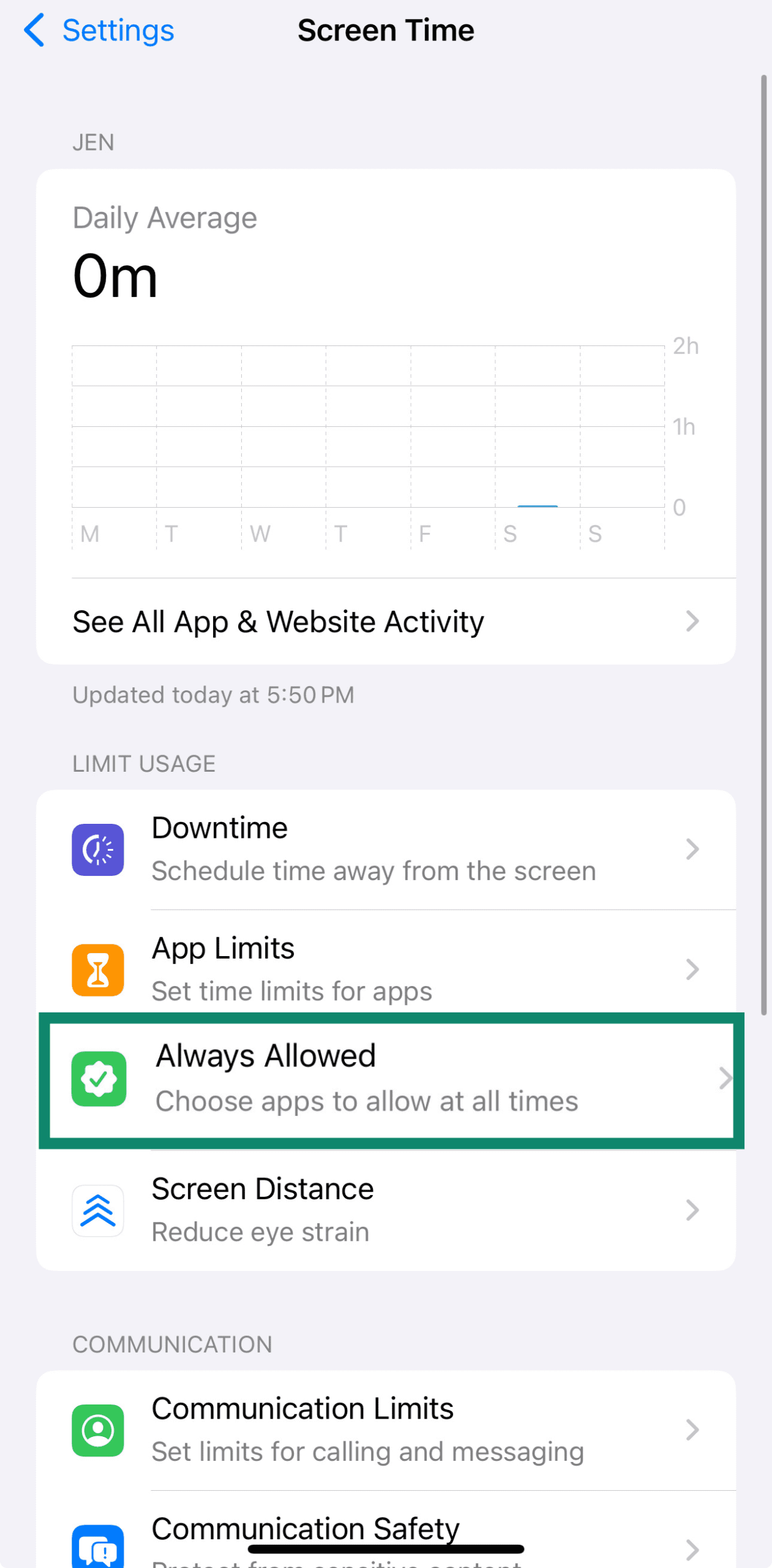 Always Allowed app list with plus and minus buttons