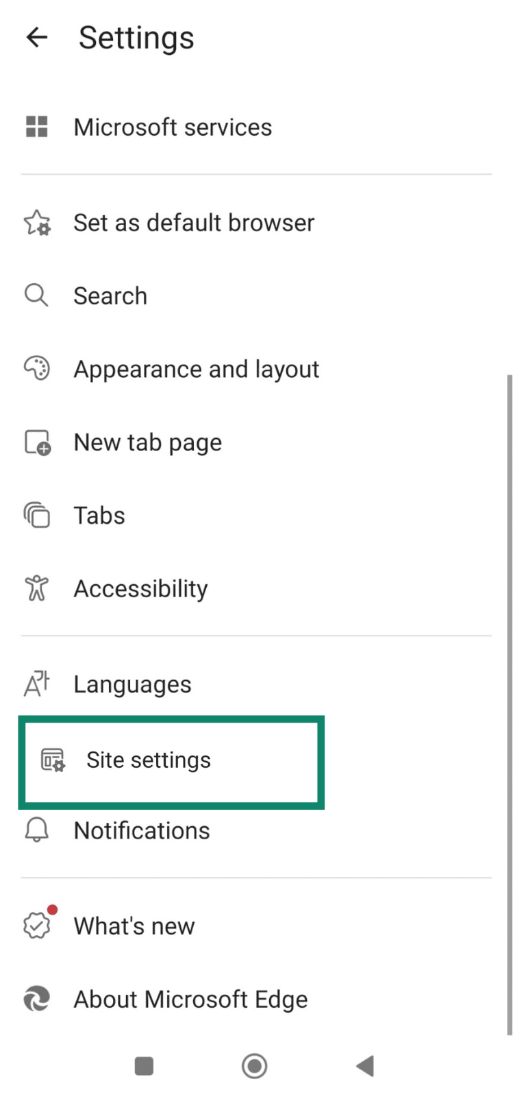 Edge browser settings screen with Site settings option highlighted.