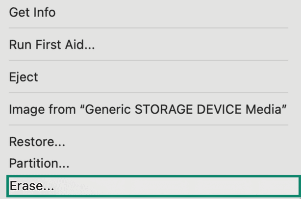 Right-click menu for a USB flash drive in Disk Utility with the Erase option highlighted.