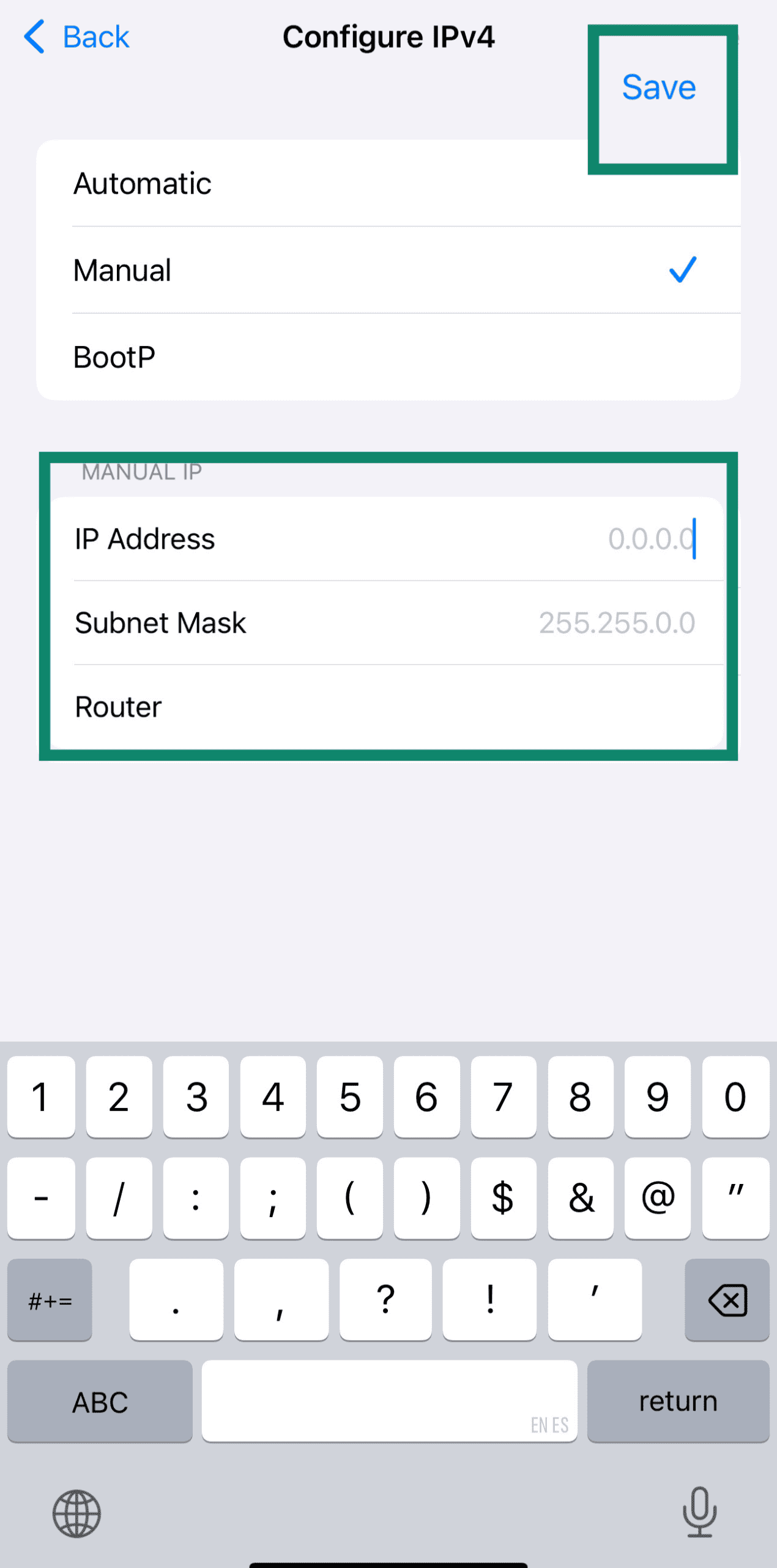 Manual IPv4 setup on iPhone showing IP, subnet, and router.