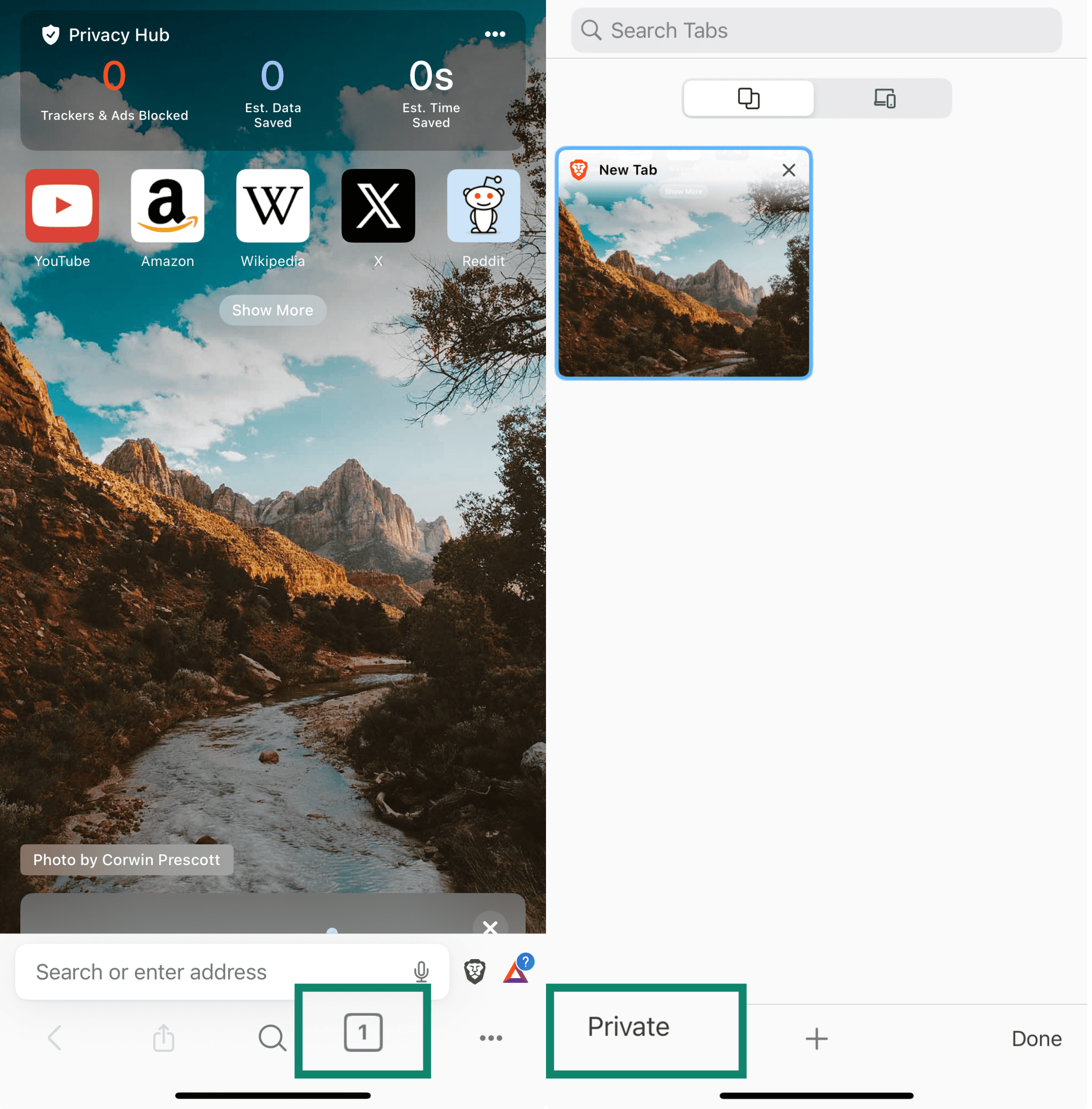 Two side-by-side screenshots of the Brave browser on iPhone. The left screenshot highlights the tab icon in the bottom-right corner. The right screenshot shows the tab switcher with “Private” selected to enable private browsing mode.