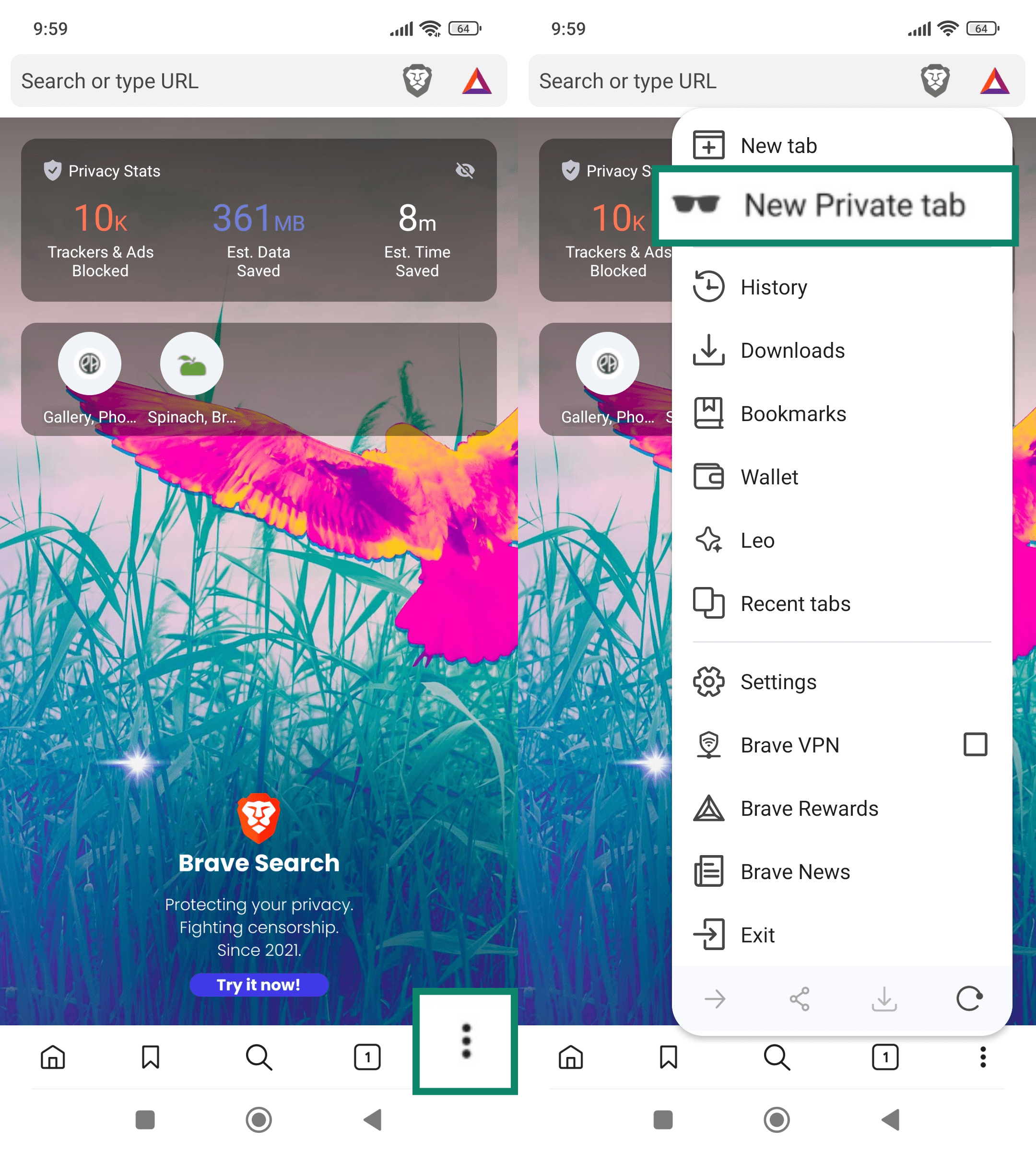 Two side-by-side screenshots of the Brave browser on Android. The left screenshot highlights the three vertical dots menu icon in the bottom-right corner. The right screenshot shows the drop-down menu with