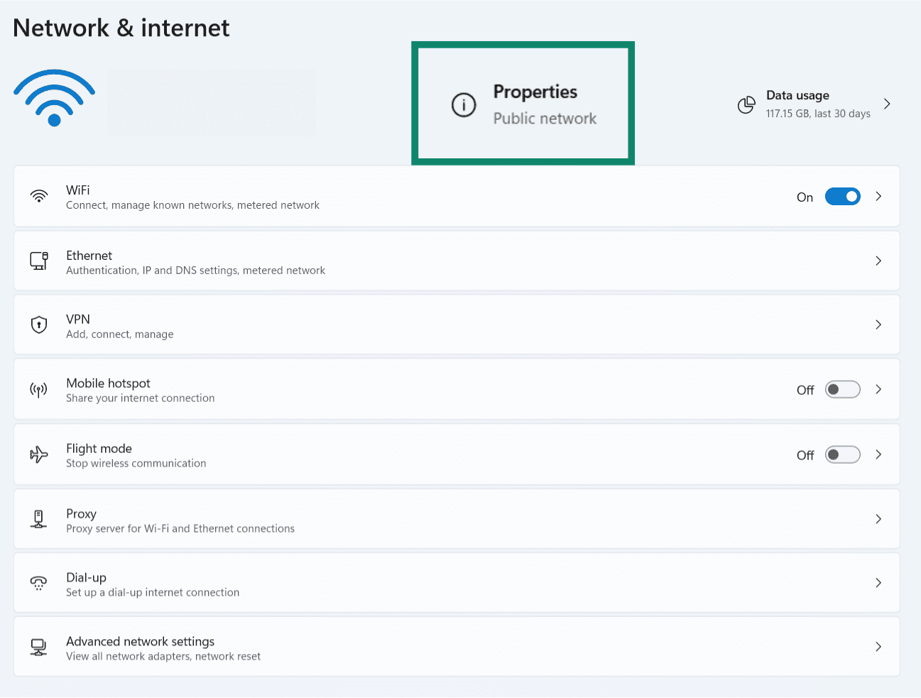 The Windows Network & internet settings menu, showing the Properties button.