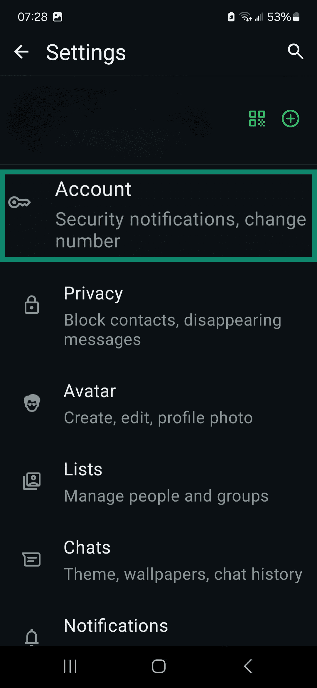 WhatsApp Settings menu highlighting Account.