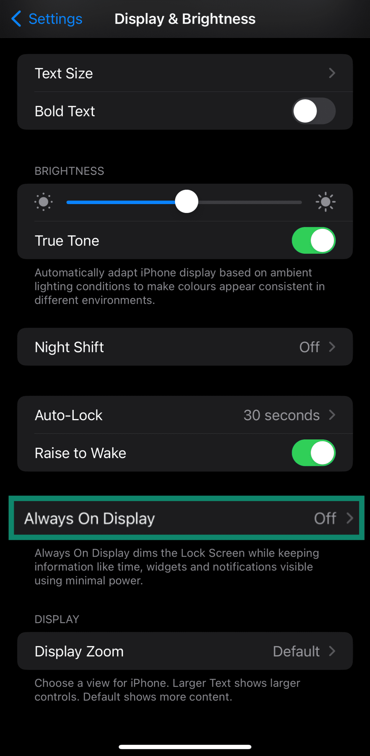 Accessing the Always On Display settings through an iPhone's Display & Brightness menu