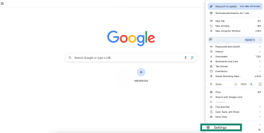 Chrome menu expanded with the Settings option highlighted at the bottom.