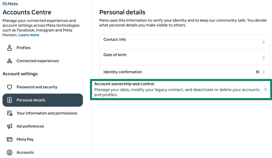 Facebook Accounts Centre Personal details tab with Account ownership and control highlighted.