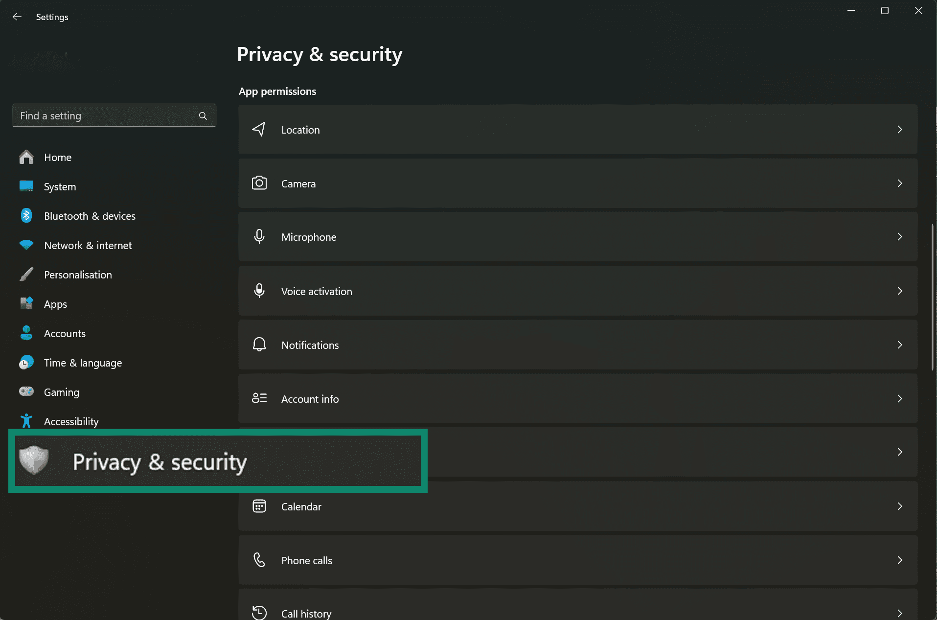 Image showing Windows Privacy & Security setting.