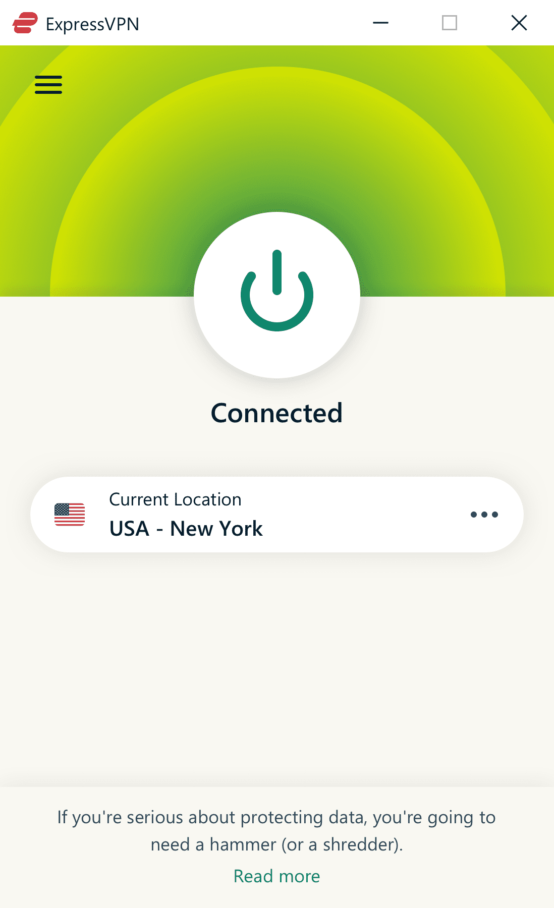 ExpressVPN interface showing connected server.