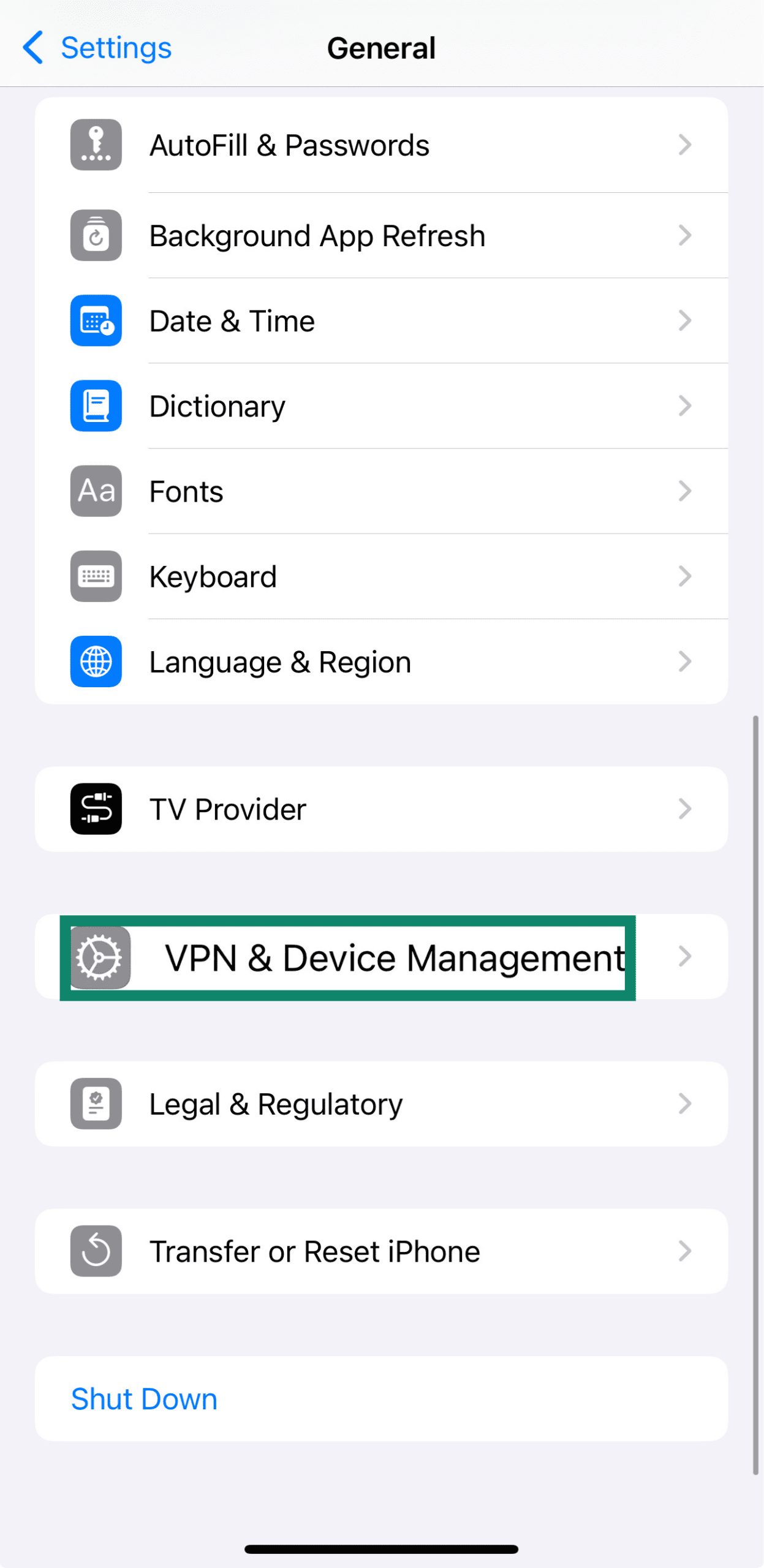 An iPhone's VPN & Device Management option.