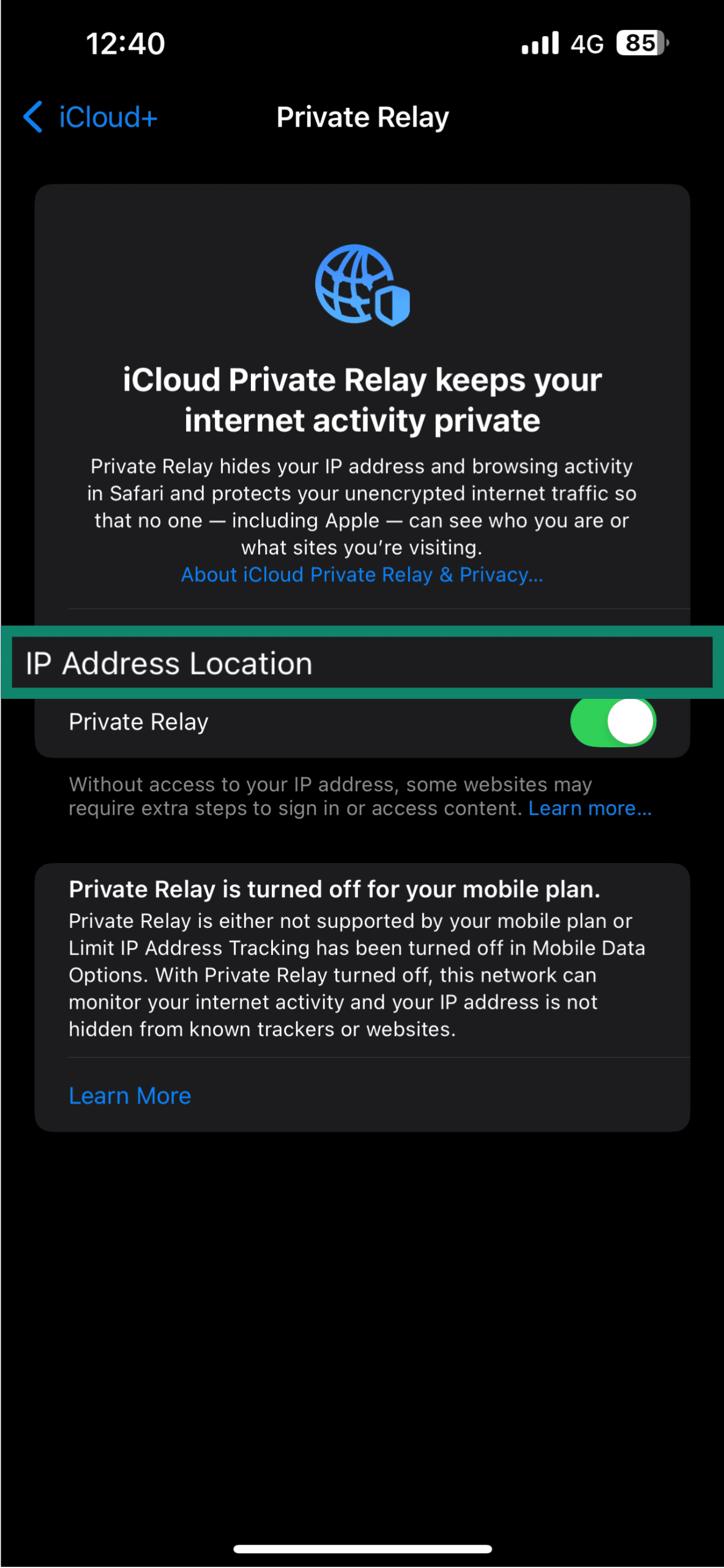 Private Relay settings menu, showing the IP Address Location option.