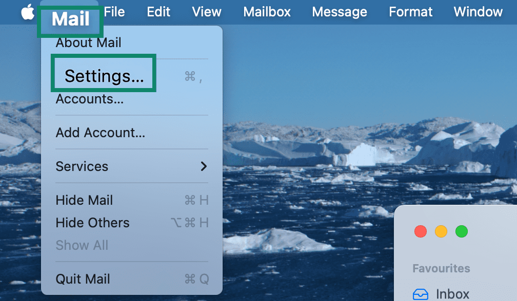 Apple Mail interface showing how to access Mail's settings.