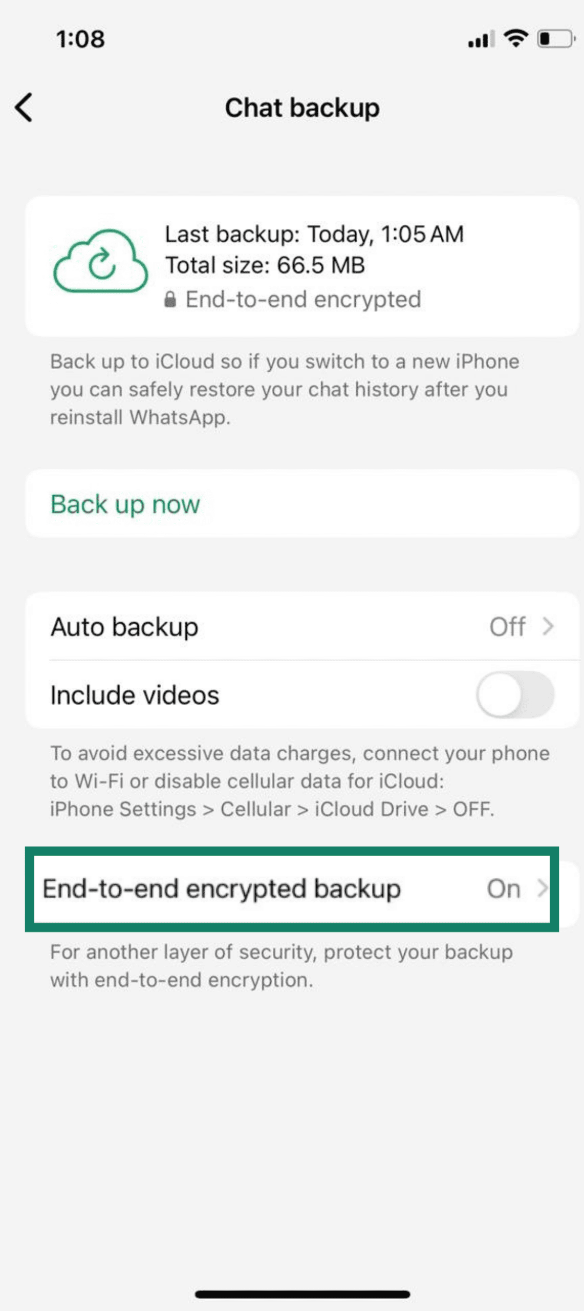 Chat backup in progress on iPhone with End-to-end encrypted backup set to On