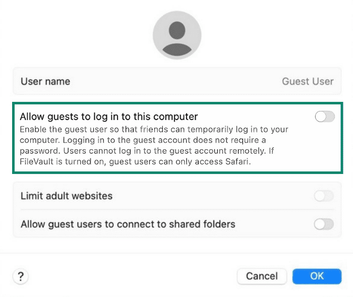 Guest User settings with the Allow guests to log into this computer setting highlighted.
