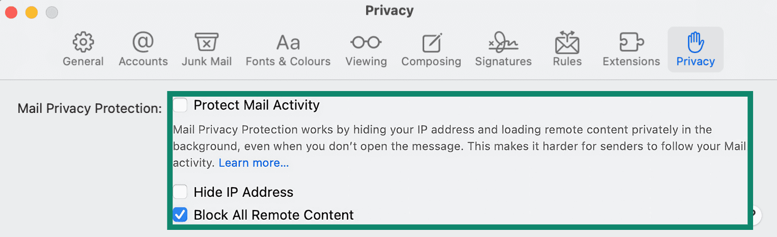 Apple Mail Privacy settings.
