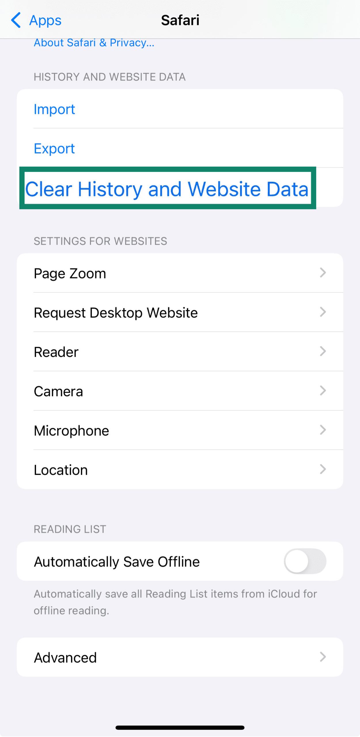 An iPhone's Clear History and Website Data option.