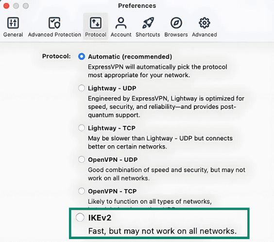 The Protocols tab of the ExpressVPN Preferences menu, showing the IKEv2 option.