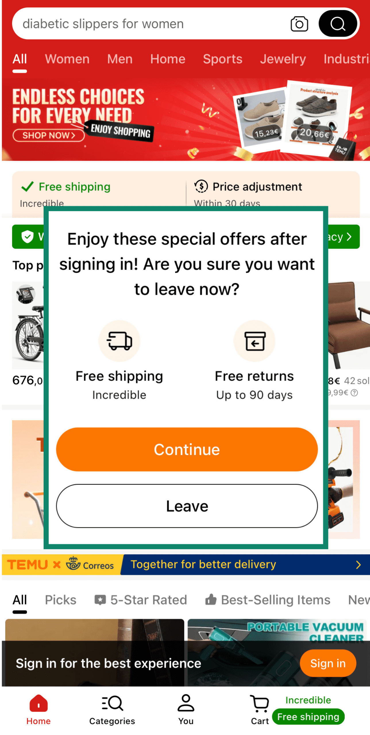 Temu app pop-up offering free shipping and returns to discourage users from leaving