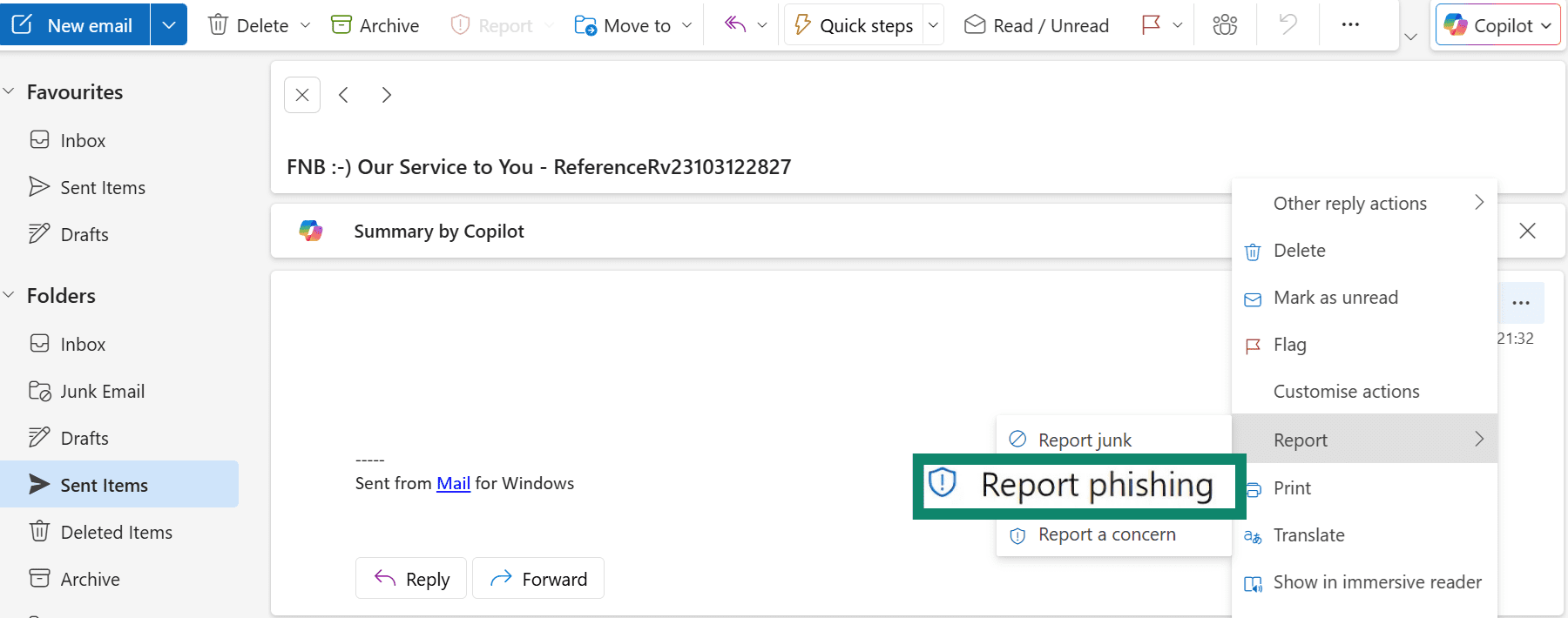 A screenshot showing the steps to report a phishing email in Outlook.
