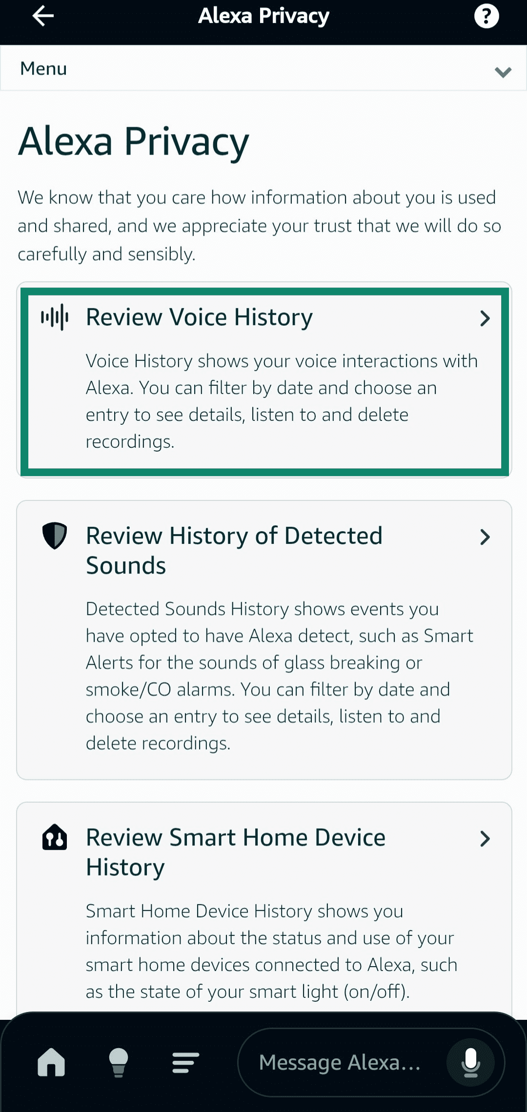 Accessing the Review Voice History menu through Alexa Privacy settings.