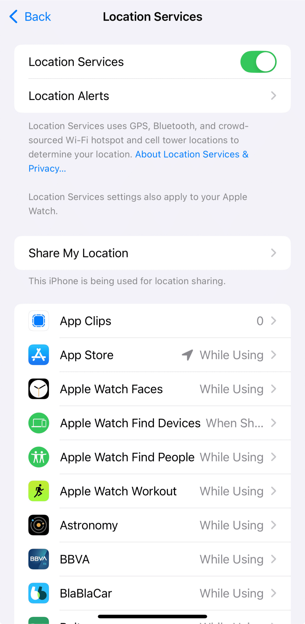 Location Services settings with app-level permissions on iPhone