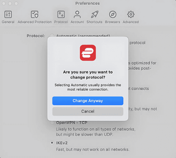 The ExpressVPN protocol change screen, with the Change Anyway button highlighted.
