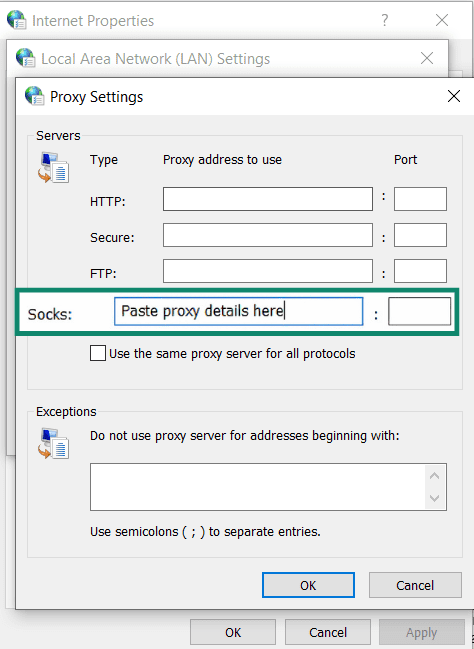 The Windows Proxy Settings submenu underneath the LAN Settings.
