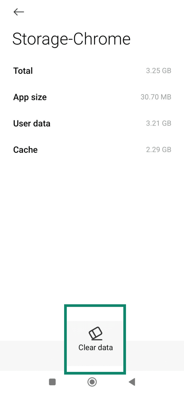 Chrome storage screen on Android with Clear data option highlighted.