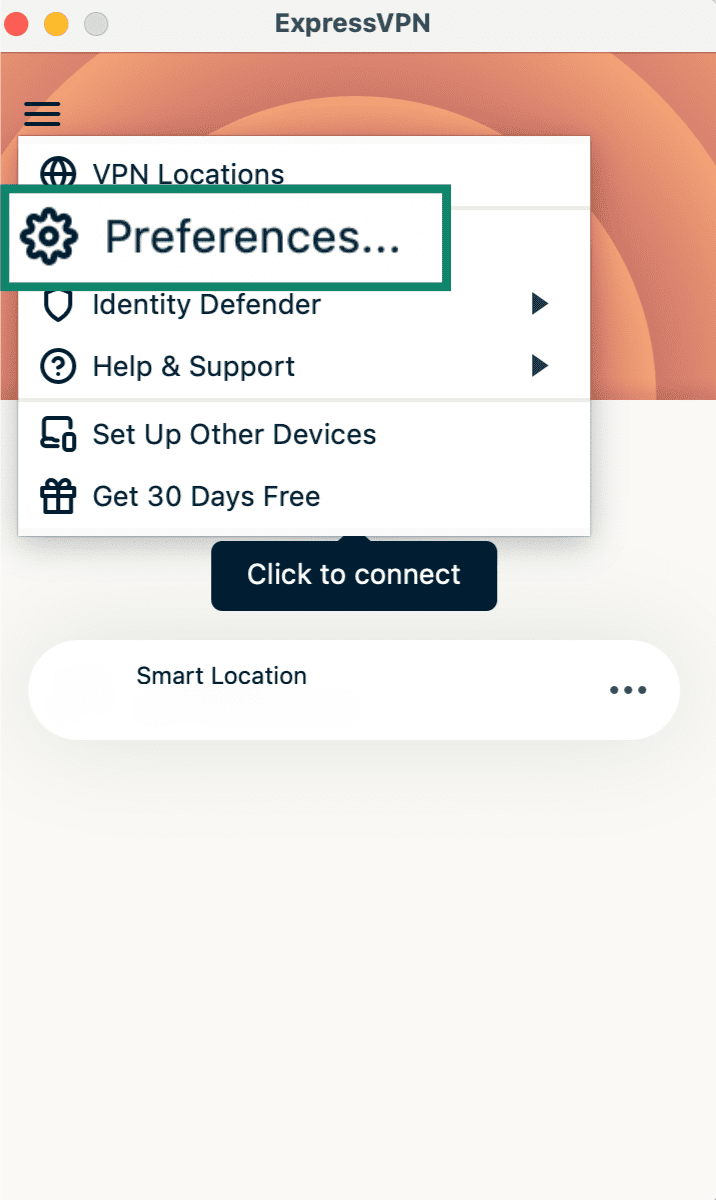 ExpressVPN menu on Mac with Preferences highlighted