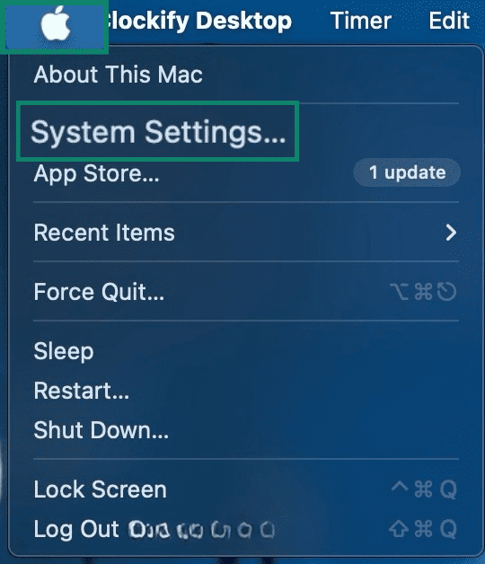 Close up of Mac's homepage with the Apple icon clicked and System Settings highlighted.