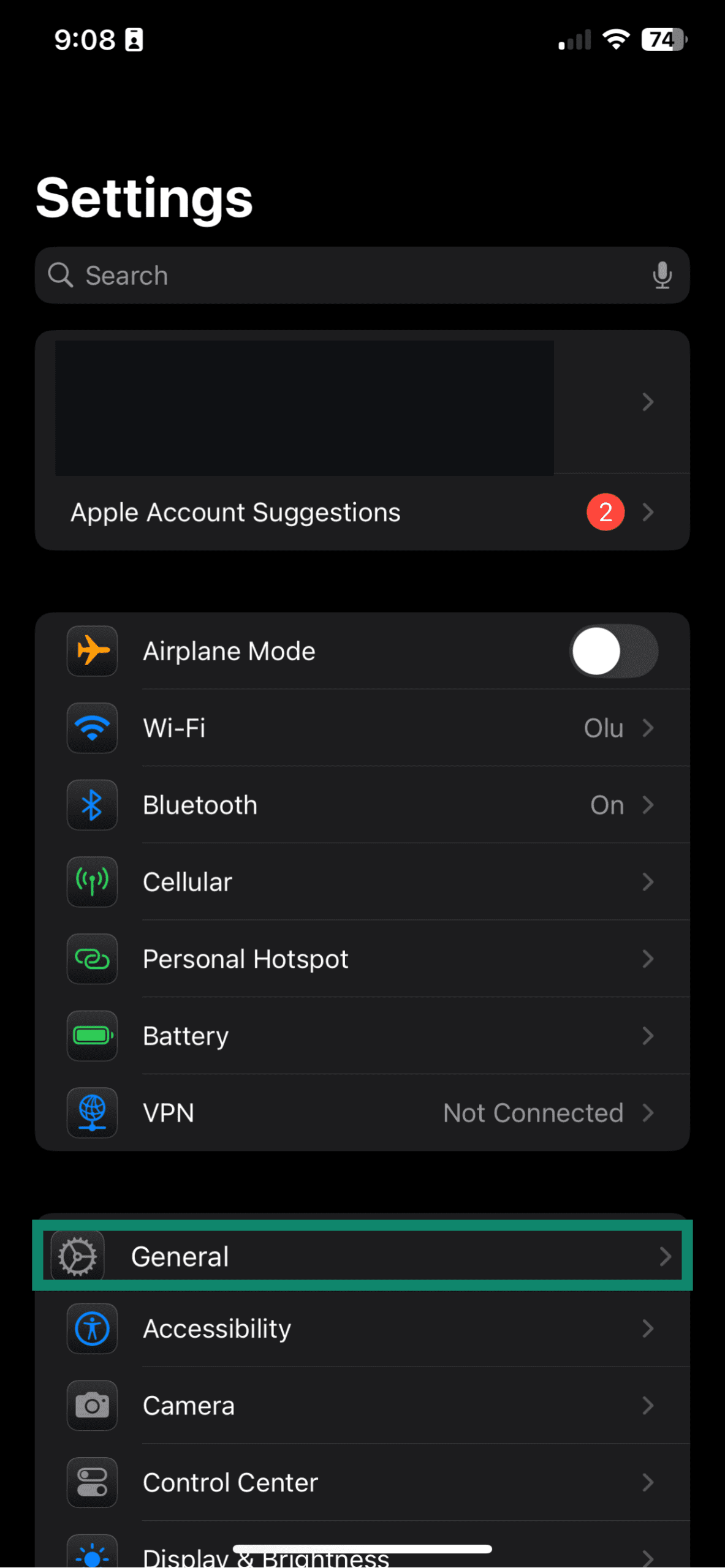 The Settings menu of an iPhone, with the General option highlighted.