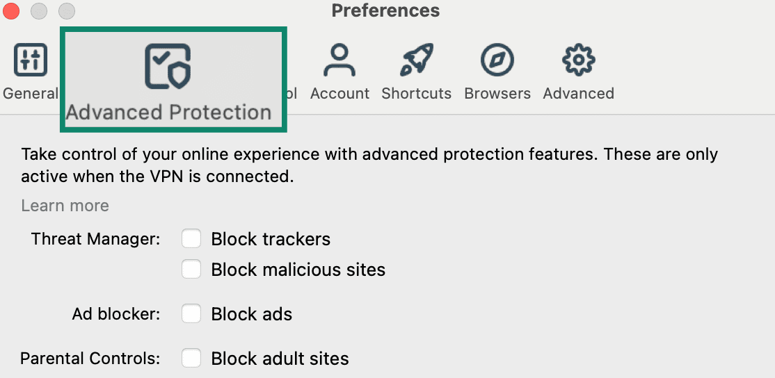 ExpressVPN Advanced Protection tab with content filters