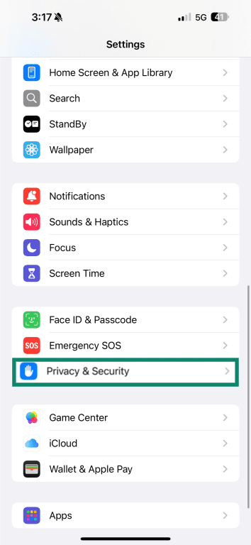 The Privacy & Security menu on iOS.