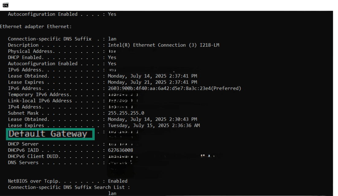 Windows Command Prompt showing network configuration details