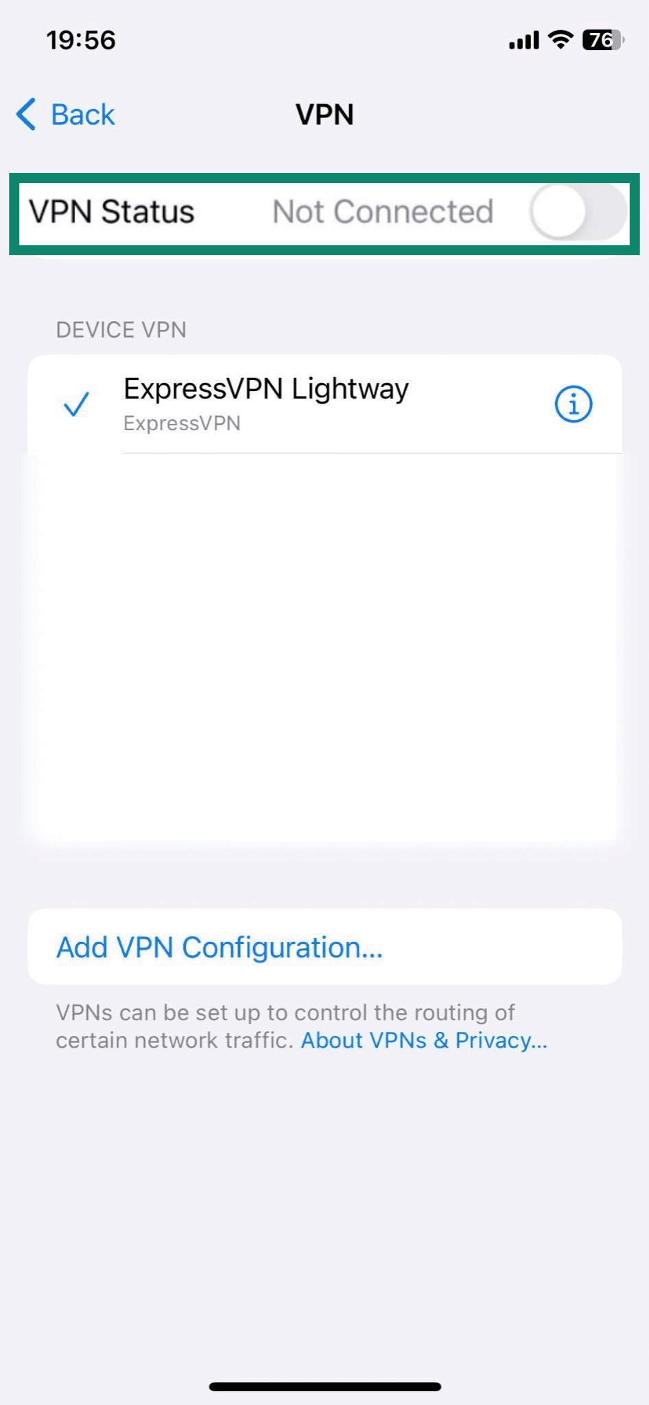 Screenshot of the iPhone VPN menu, with the “VPN Status” option visible and highlighted.