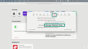 Safari Privacy tab with 'Manage Website Data' highlighted.