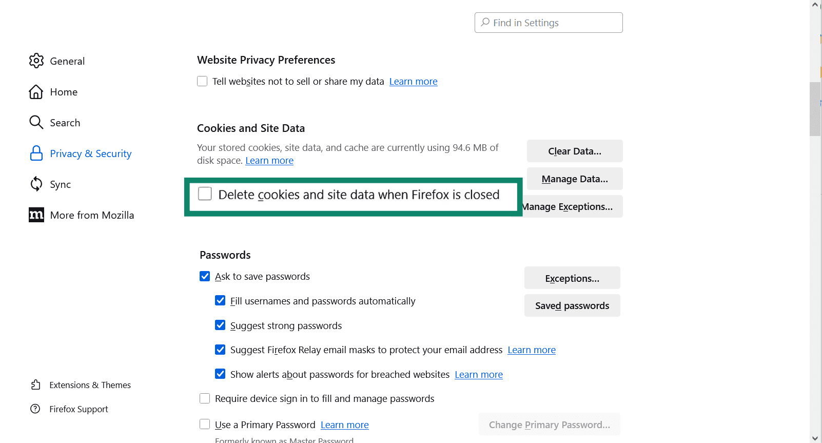 The Firefox Privacy & Security menu with "Delete cookies and site data when Firefox is closed" turned off.