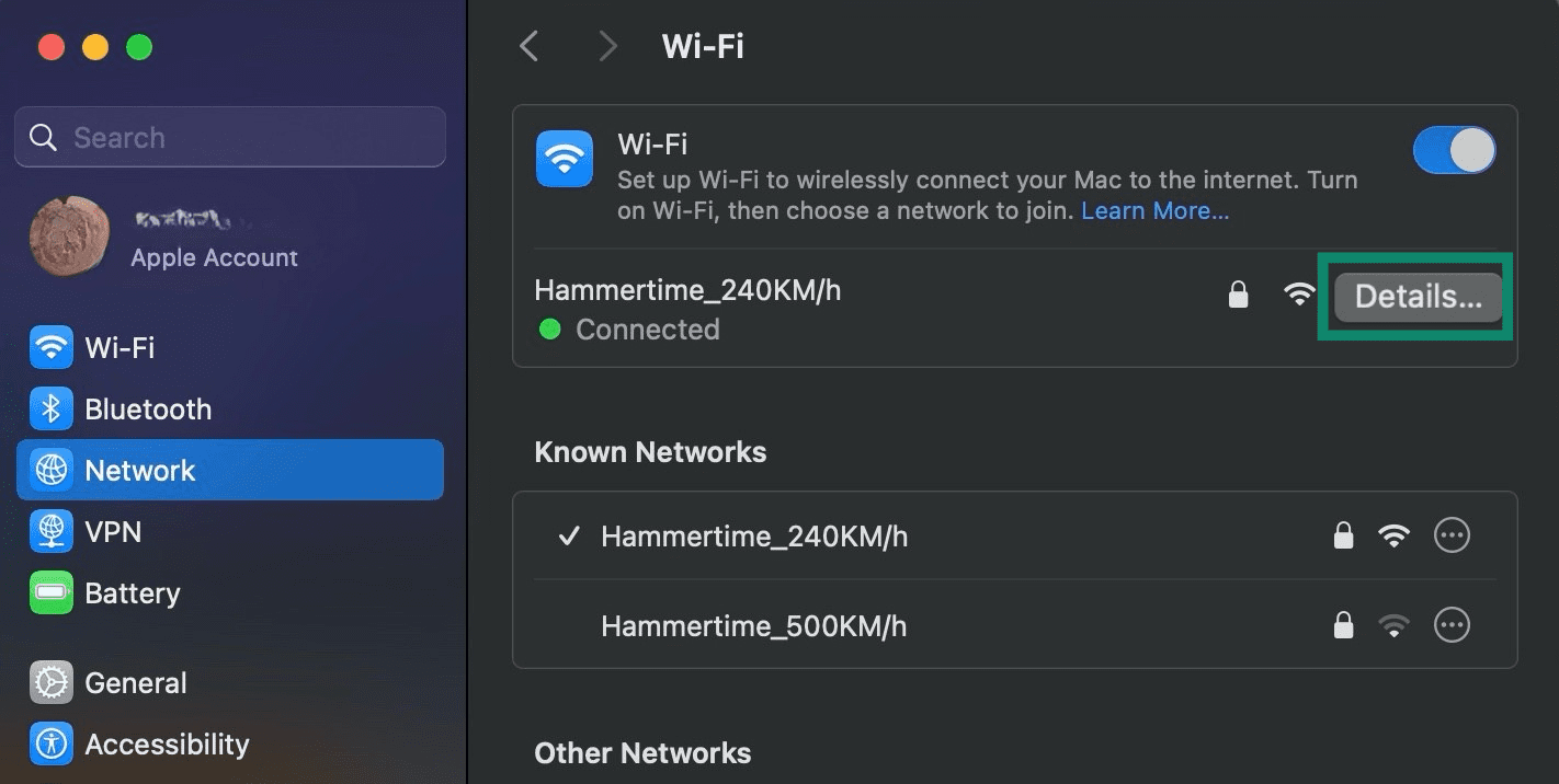 Mac's network settings showing the connected Wi-Fi network and its Details button highlighted.