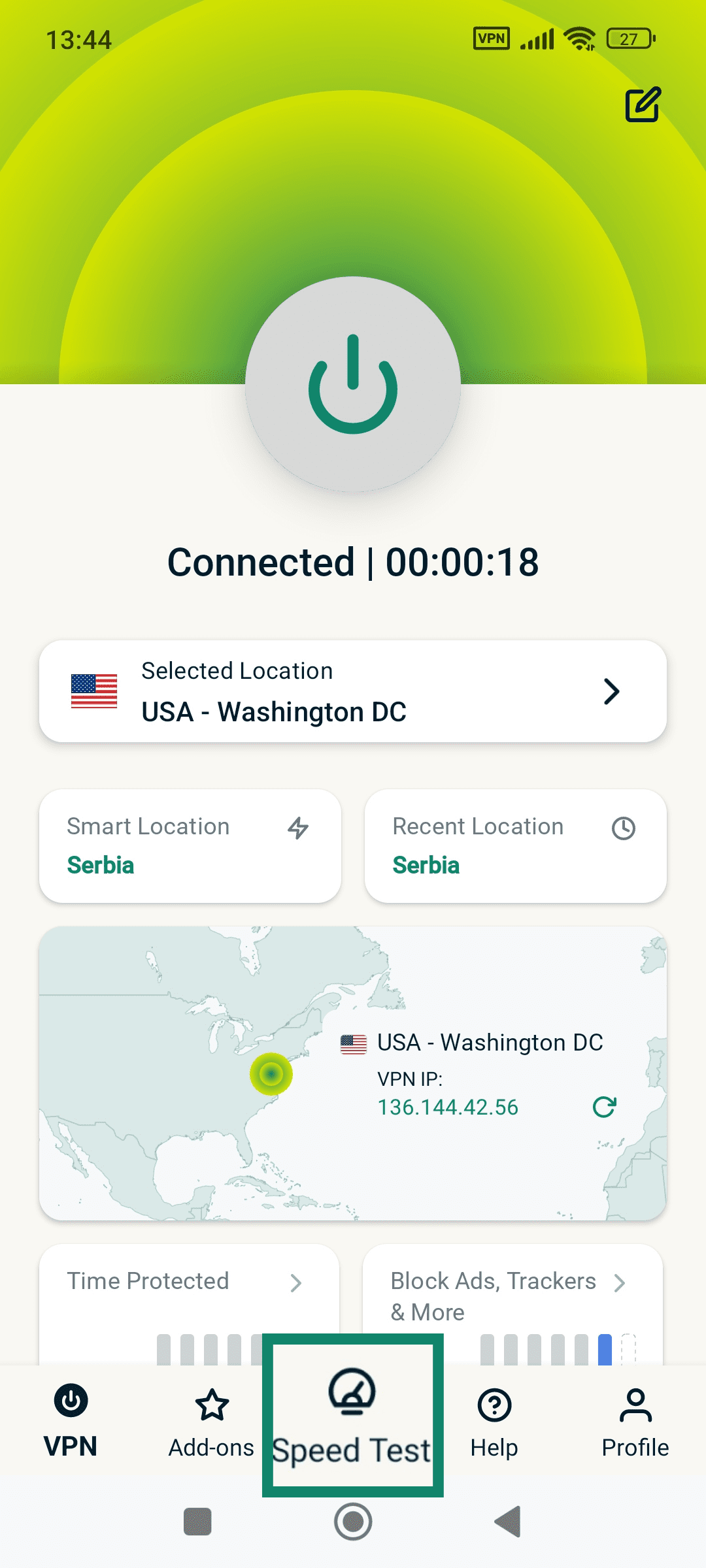 ExpressVPN mobile app Speed Test option.