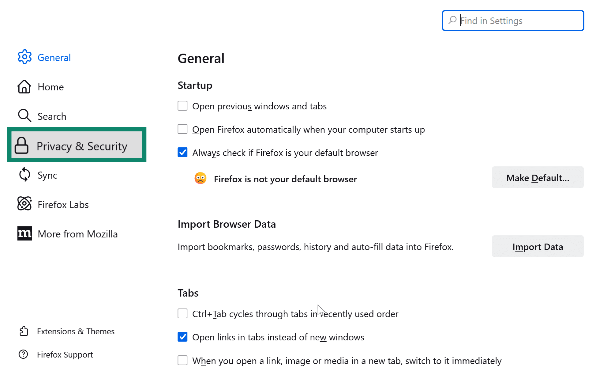Screenshot of the Firefox Privacy & Security settings.