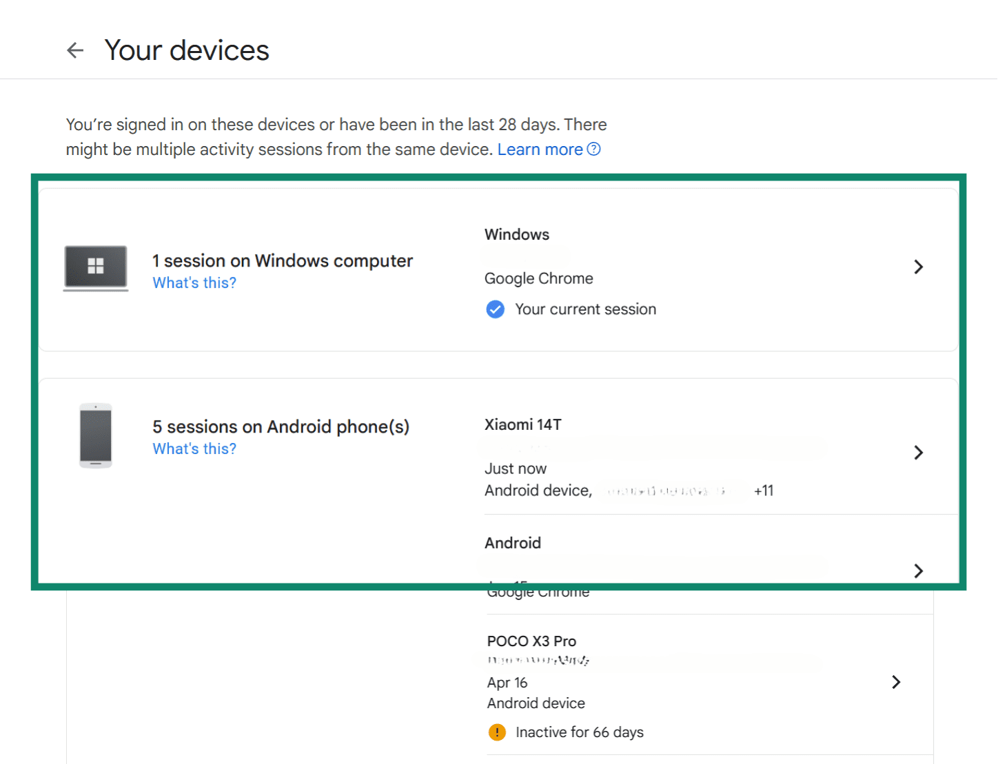 Google Account “Your devices” page displaying one session on a Windows computer and five sessions on an Android phone labeled Xiaomi 14T.
