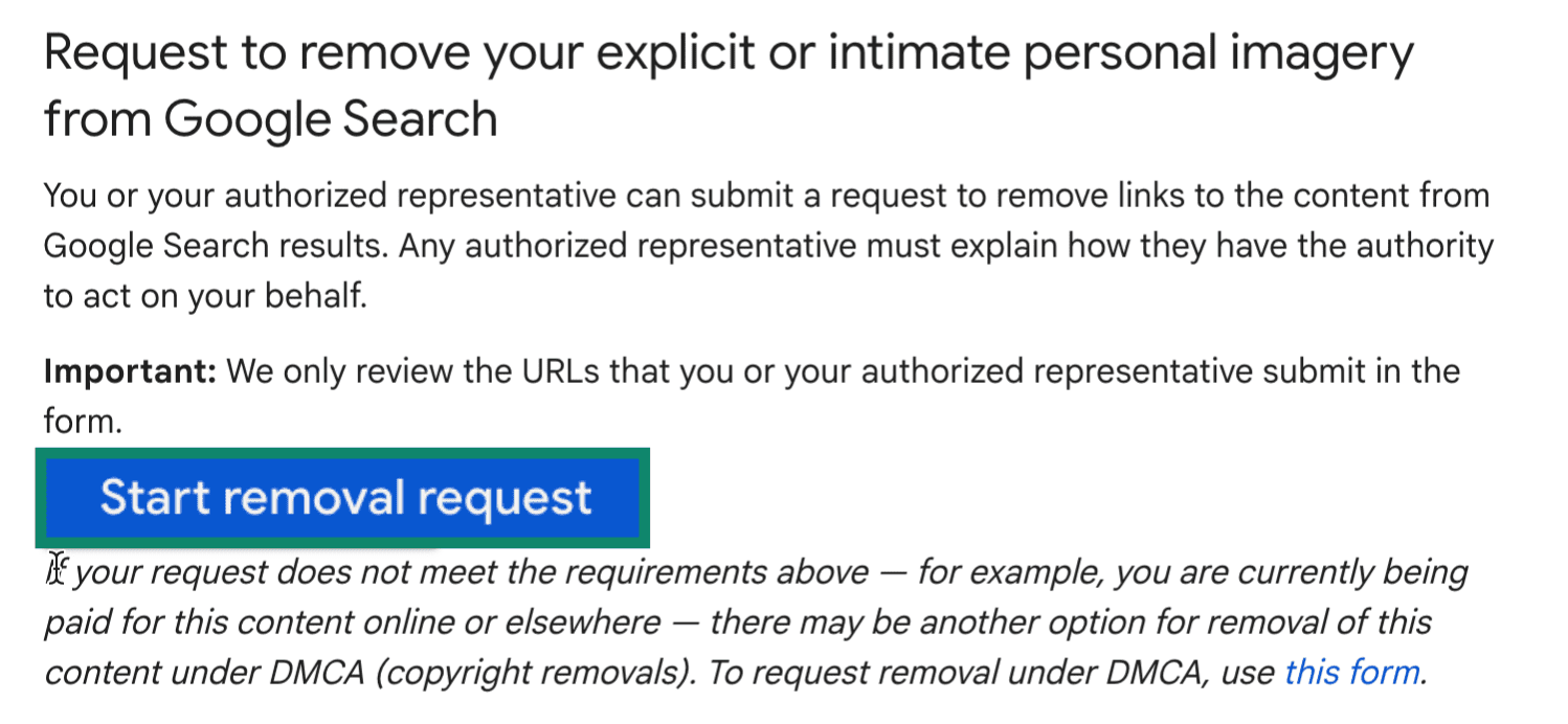 Google content removal page with the start button highlighted.