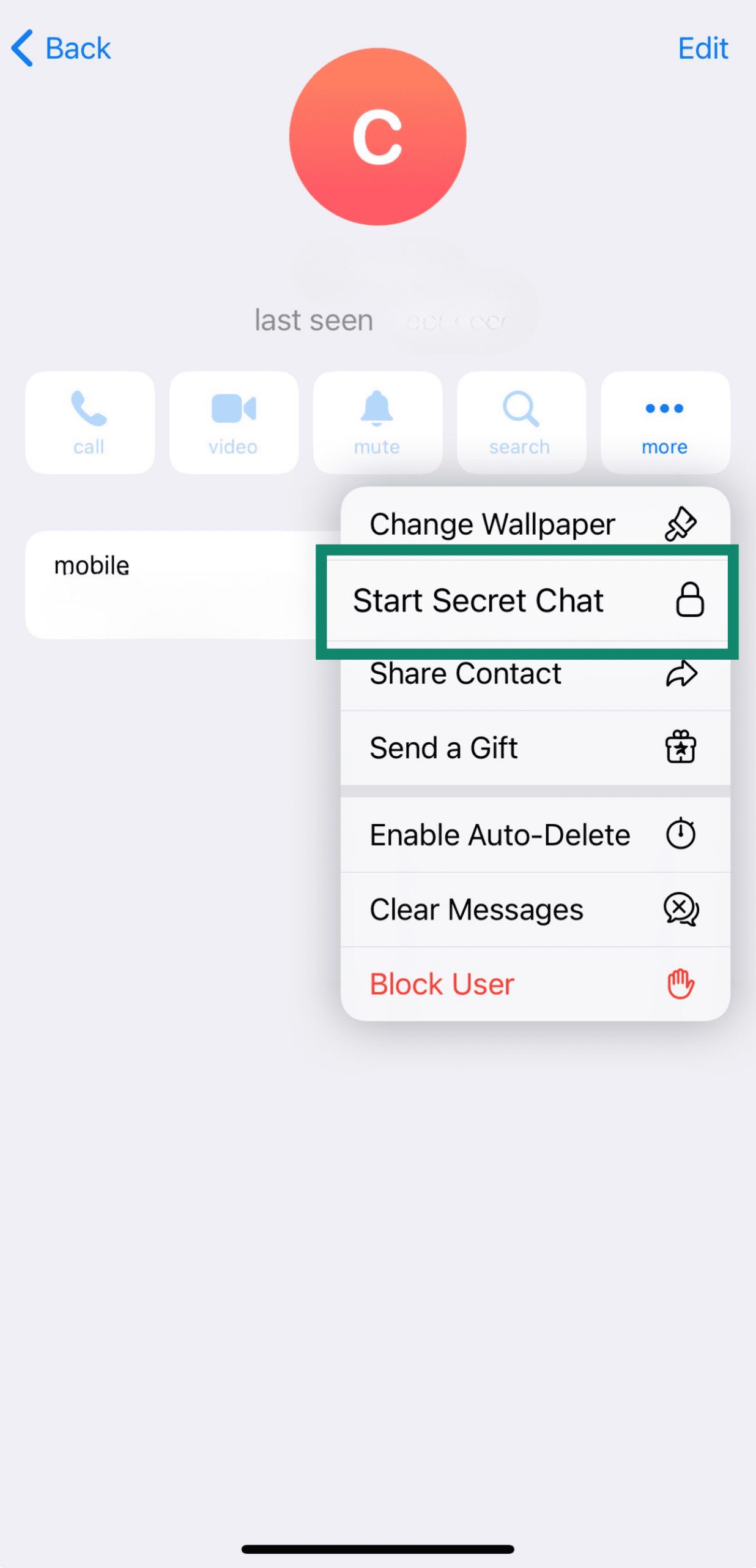 Start Secret Chat option in Telegram profile.