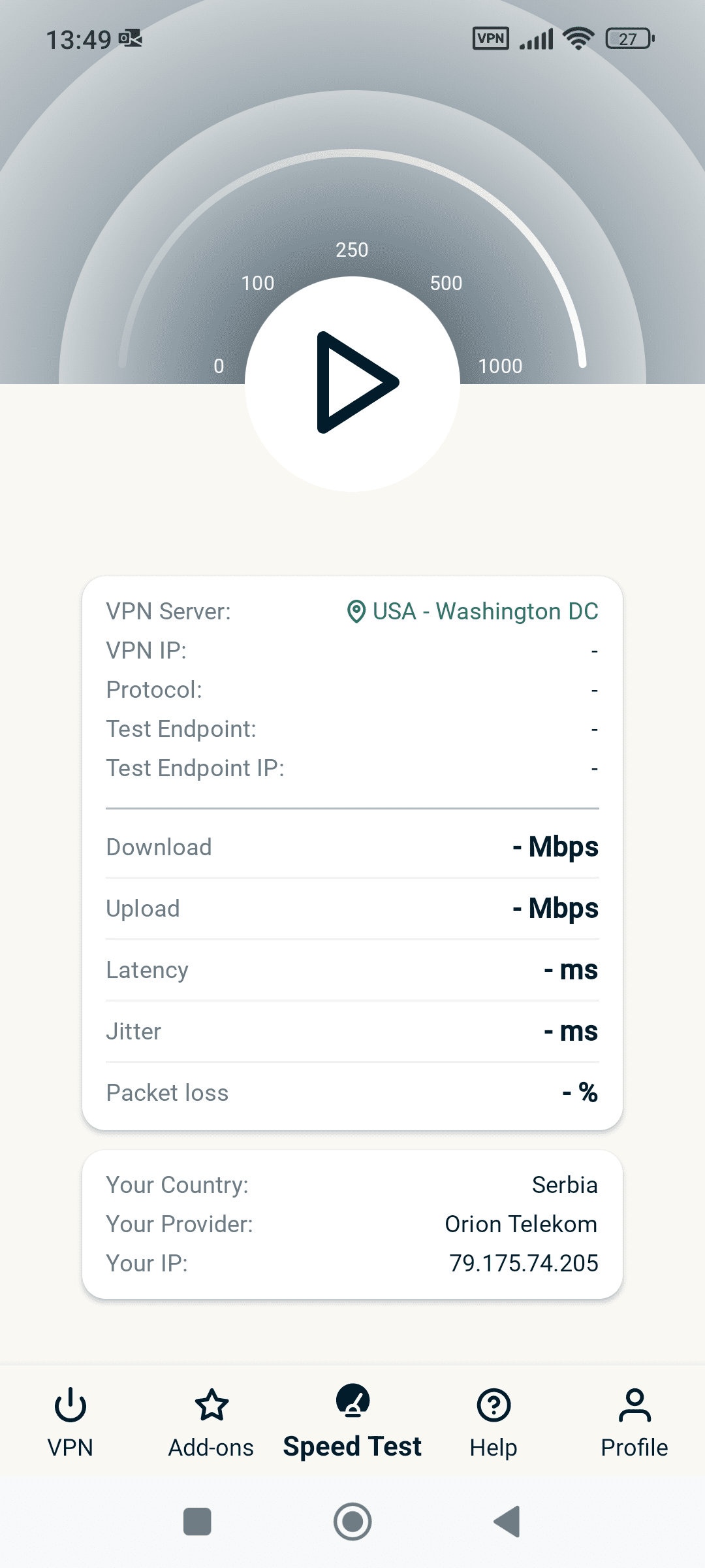 Play button to activate ExpressVPN mobile speed test.