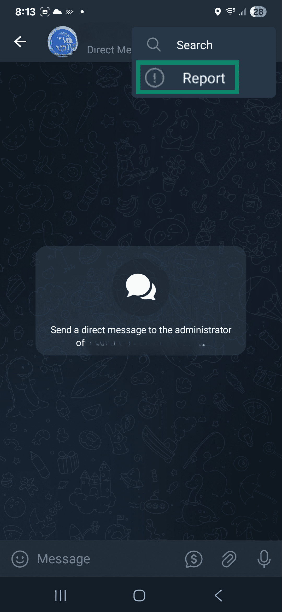 Telegram screen showing Report group option.