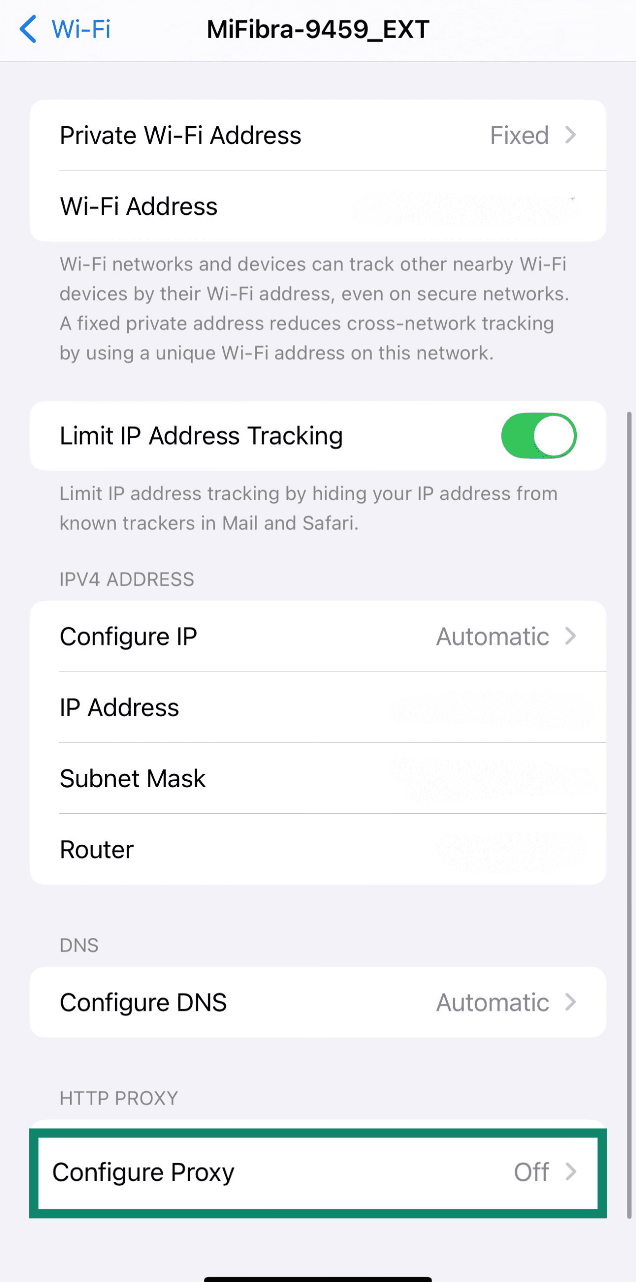 Configure Proxy settings screen on iPhone
