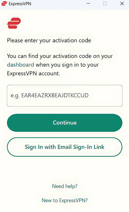 ExpressVPN setup window prompting the user to enter an activation code.